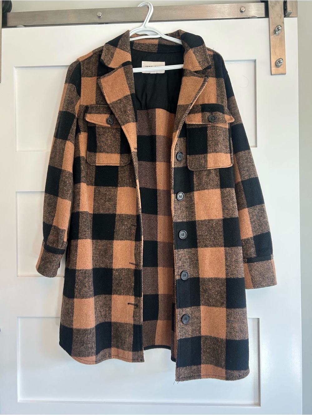 Checked Trench Shacket in Black and Brown